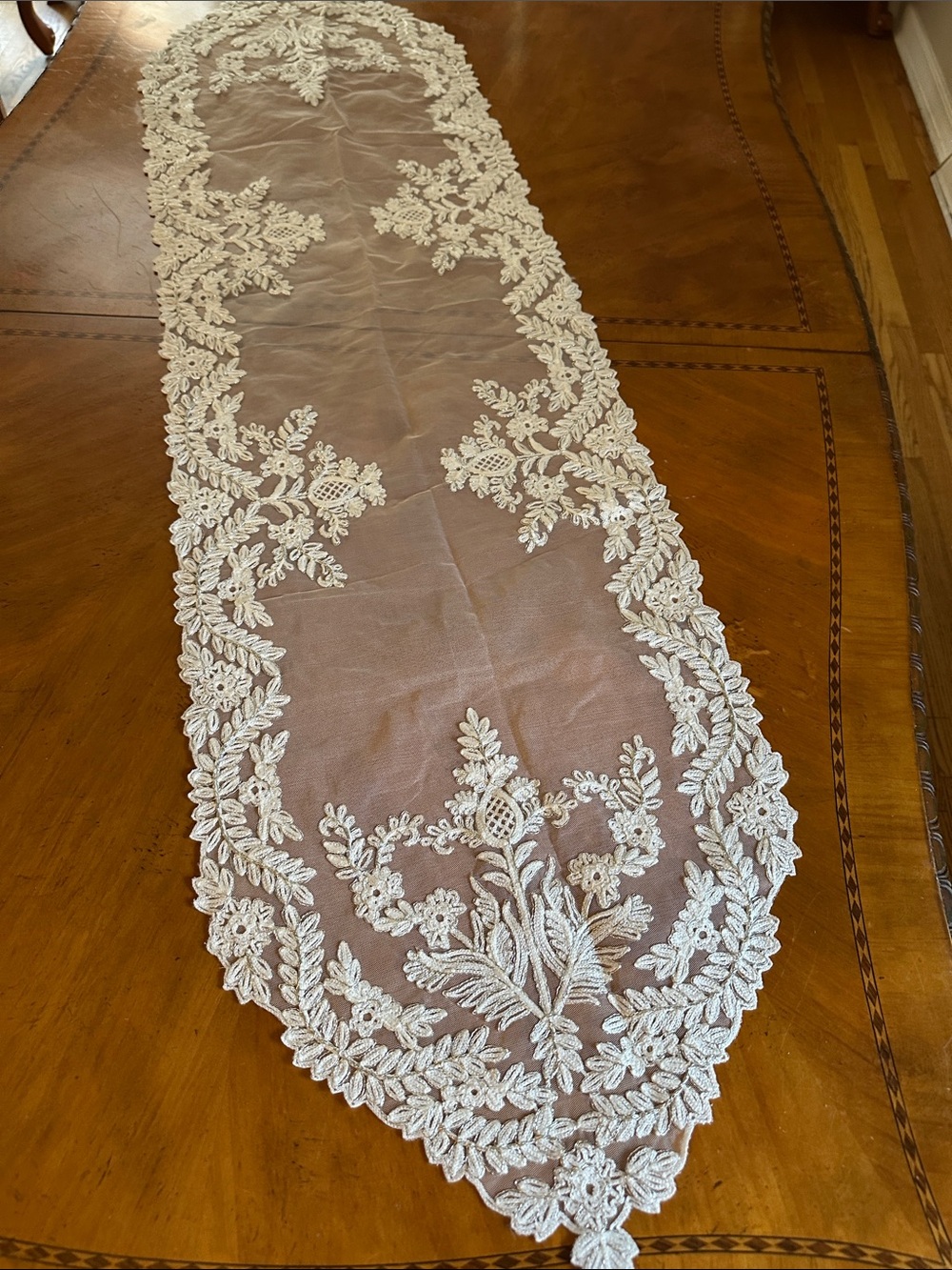 Elegant White , Silver Lace Table Runner - Home Dining